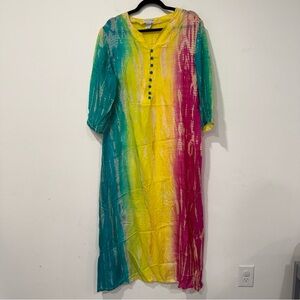 Soft Surroundings Silk Tie Dye Long Sleeve Maxi Cover Up Caftan Dress PM
